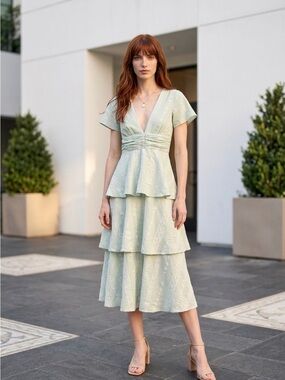 Altar'd State Pale Mint Tiered V-Neck Midi Dress